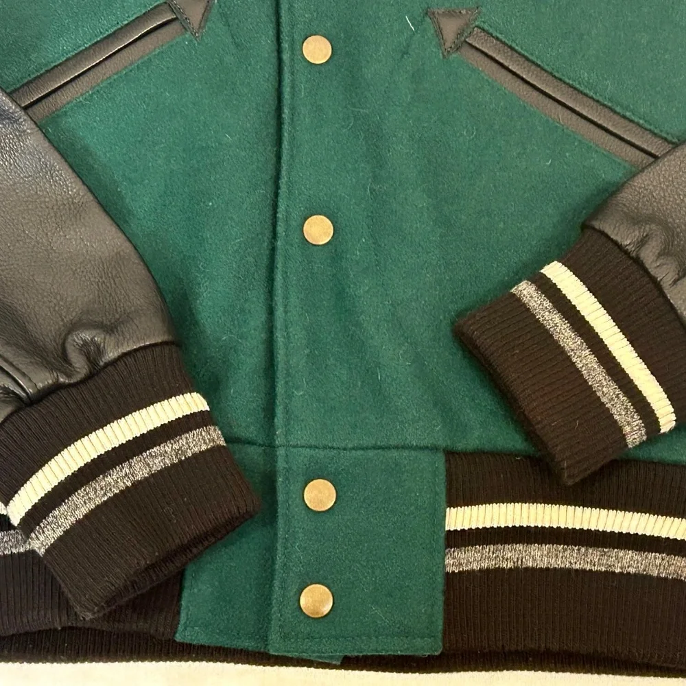 Roots Green Varsity‎ Jacket Sz S Wool Varsity Monogram Sleeve Logo Jacket